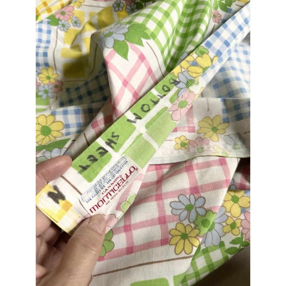VTG Flat Sheet 70's Cannon Monticello Colorful Patchwork Gingham Floral 90x104